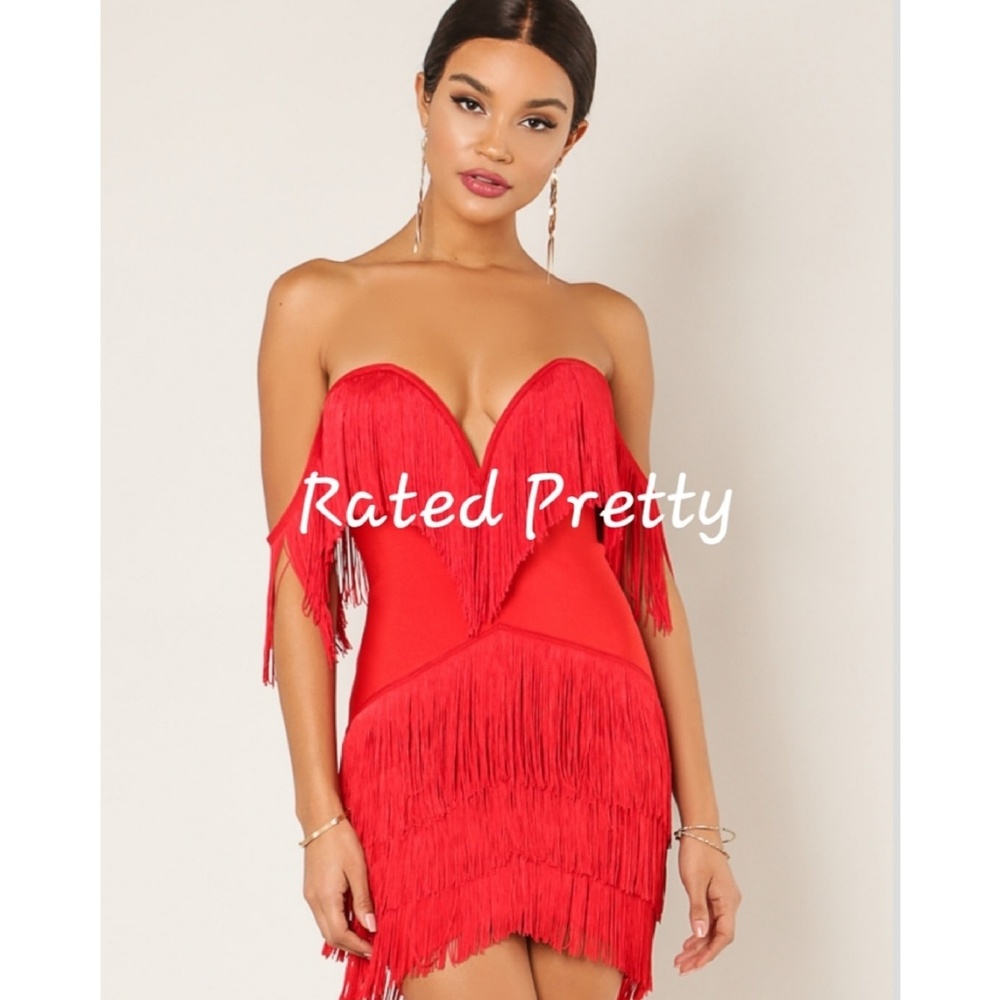 Red dress off shoulder fringe Valentine’s Day